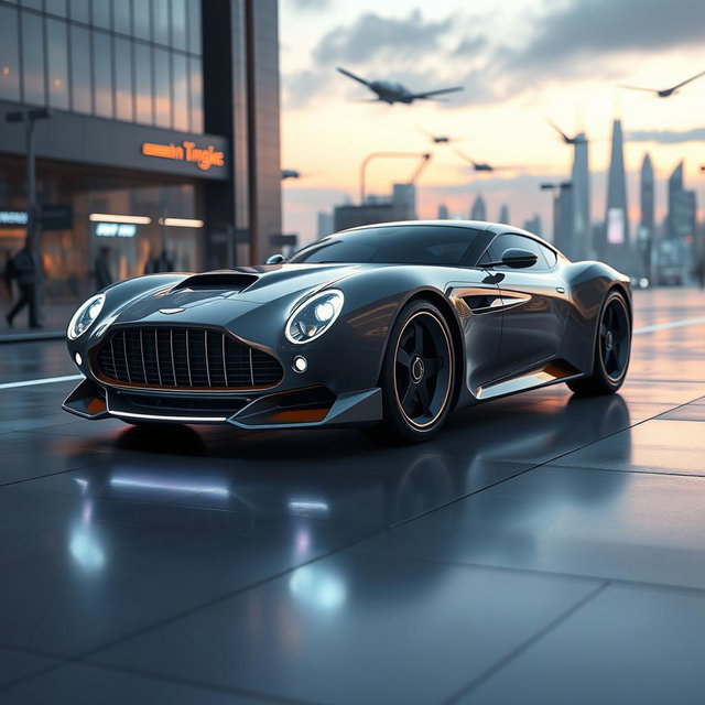A futuristic interpretation of the Aston Martin DB5, incorporating advanced aerodynamic shapes and sleek futuristic design elements while maintaining the distinctive features of the classic car such as its elegant curves and iconic grille
