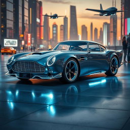 A futuristic interpretation of the Aston Martin DB5, incorporating advanced aerodynamic shapes and sleek futuristic design elements while maintaining the distinctive features of the classic car such as its elegant curves and iconic grille