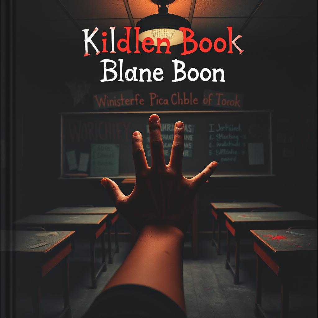 A children's book cover featuring a dark, eerie classroom bathed in shadows