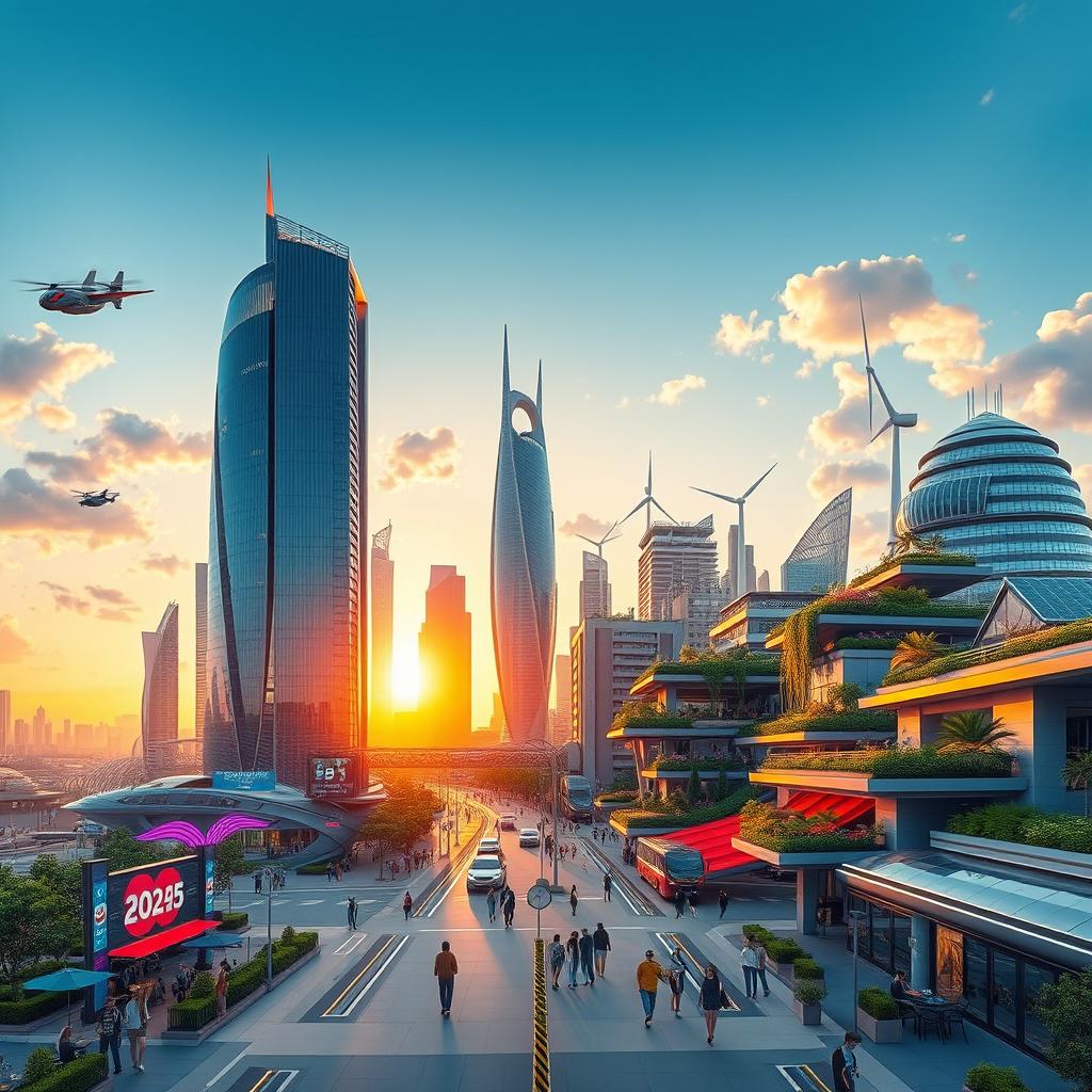 A vibrant and colorful futuristic cityscape in 2025, with towering skyscrapers made of glass and steel, lush vertical gardens, and advanced transportation systems like flying cars and high-speed trains