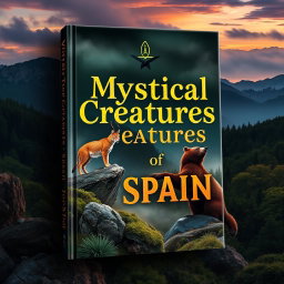 A captivating book cover design featuring the most mysterious and strange animals of Spain, showcasing a backdrop of the lush Spanish landscape with elements of intrigue
