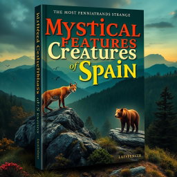 A captivating book cover design featuring the most mysterious and strange animals of Spain, showcasing a backdrop of the lush Spanish landscape with elements of intrigue