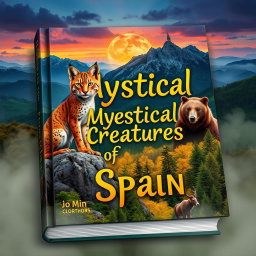 A captivating book cover design featuring the most mysterious and strange animals of Spain, showcasing a backdrop of the lush Spanish landscape with elements of intrigue