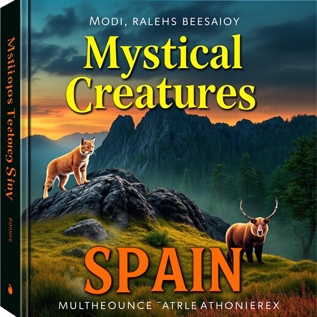 A captivating book cover design featuring the most mysterious and strange animals of Spain, showcasing a backdrop of the lush Spanish landscape with elements of intrigue