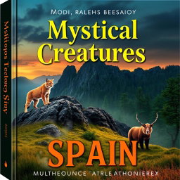 A captivating book cover design featuring the most mysterious and strange animals of Spain, showcasing a backdrop of the lush Spanish landscape with elements of intrigue