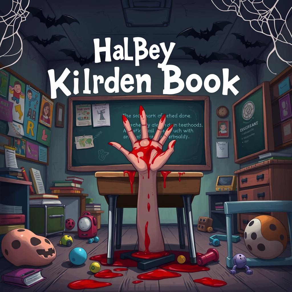 A 2D cartoon-style children's book cover featuring a dark classroom scene