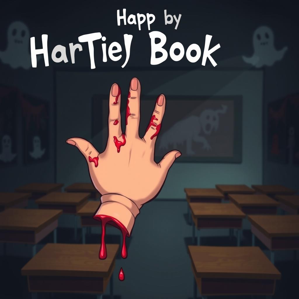 A 2D cartoon children's book cover featuring a dark, eerie classroom scene