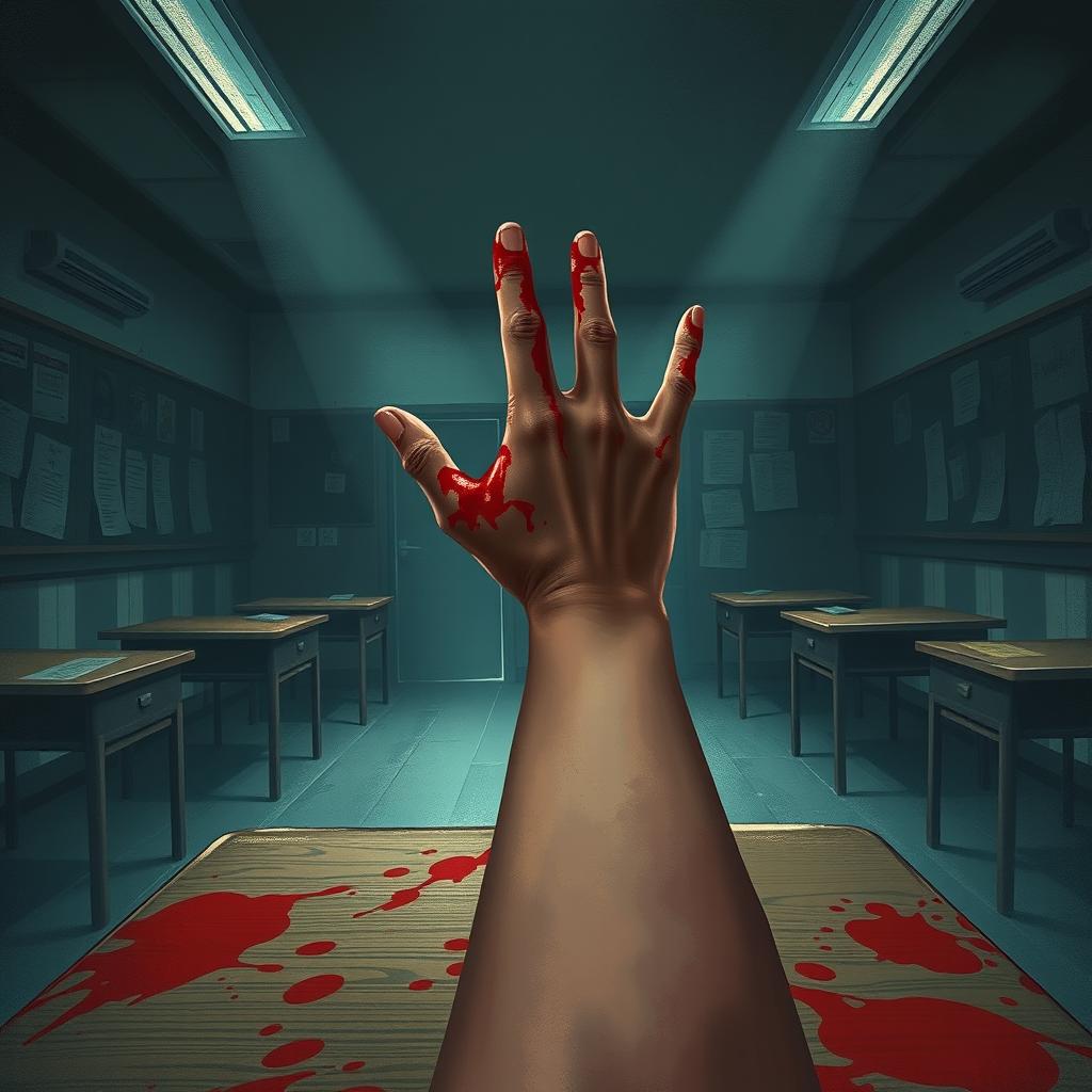 A 2D children's book cover depicting a haunting scene inside a dark, eerie classroom