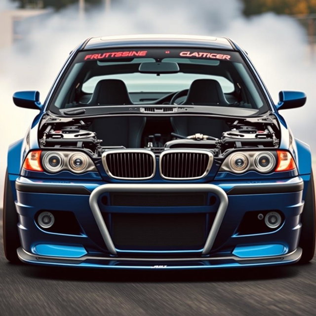 A high-octane image of a BMW E46 stripped interior specifically designed for drifting