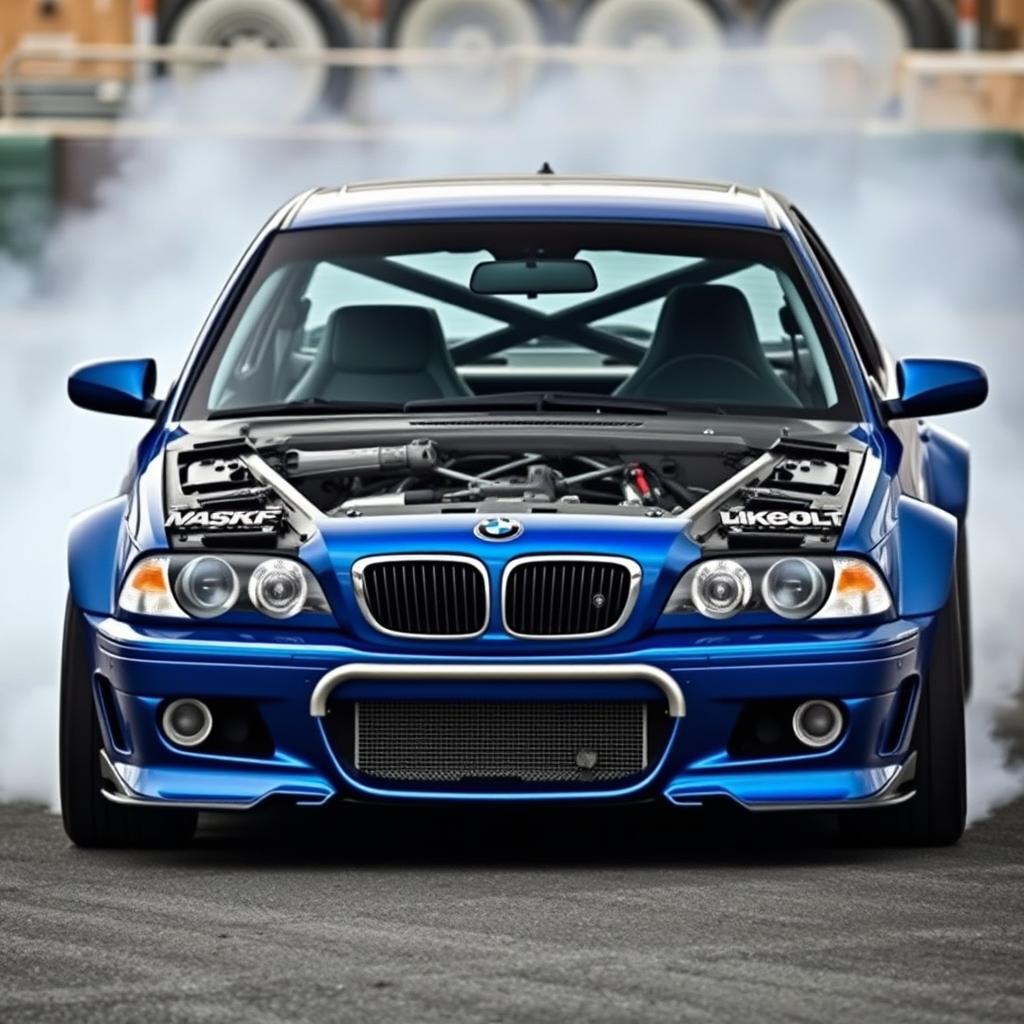 A high-octane image of a BMW E46 stripped interior specifically designed for drifting