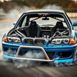 A high-octane image of a BMW E46 stripped interior specifically designed for drifting