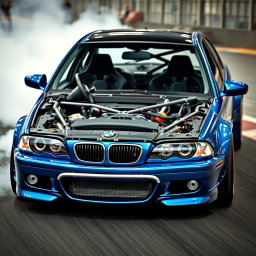 A high-octane image of a BMW E46 stripped interior specifically designed for drifting