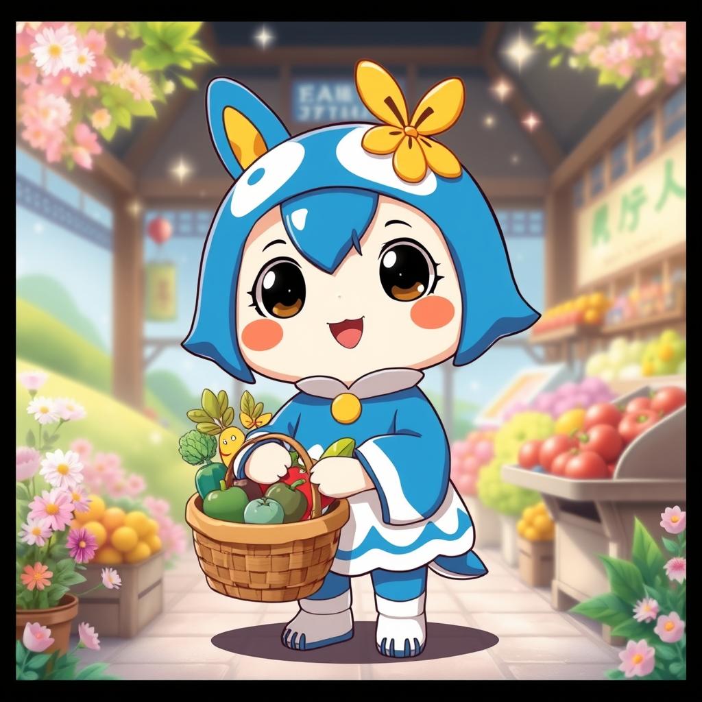 An anime mascot for a grocery store, designed in the whimsical and enchanting style of Hayao Miyazaki