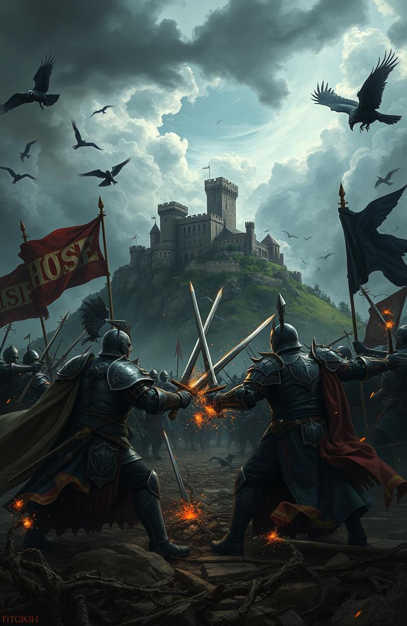An epic fantasy scene depicting a dramatic battle between two powerful factions, House Thorn and House Crowe