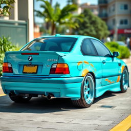 A vibrant and eye-catching BMW E36 custom car inspired by the colors and style of the Pokémon Squirtle