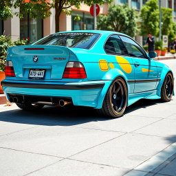 A vibrant and eye-catching BMW E36 custom car inspired by the colors and style of the Pokémon Squirtle
