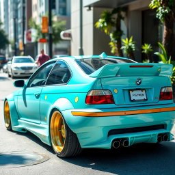 A vibrant and eye-catching BMW E36 custom car inspired by the colors and style of the Pokémon Squirtle