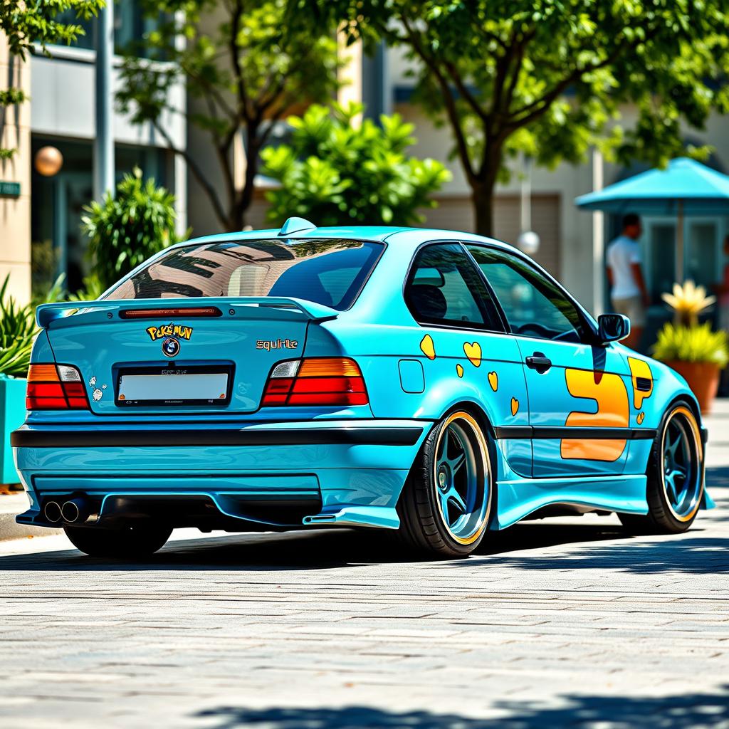 A vibrant and eye-catching BMW E36 custom car inspired by the colors and style of the Pokémon Squirtle