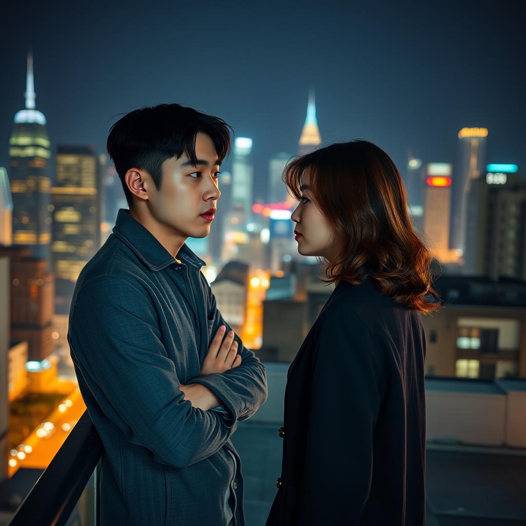 On a rooftop at night in a bustling city, illuminated by glowing city lights in the distance, Min-woo, a 29-year-old Korean man, leans against a railing gazing thoughtfully at the skyline