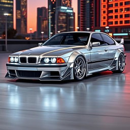A BMW E38 car modified with a futuristic body kit, exhibiting sleek lines and advanced aerodynamic features