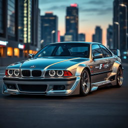 A BMW E38 car modified with a futuristic body kit, exhibiting sleek lines and advanced aerodynamic features