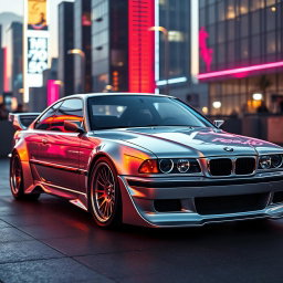 A BMW E38 car modified with a futuristic body kit, exhibiting sleek lines and advanced aerodynamic features