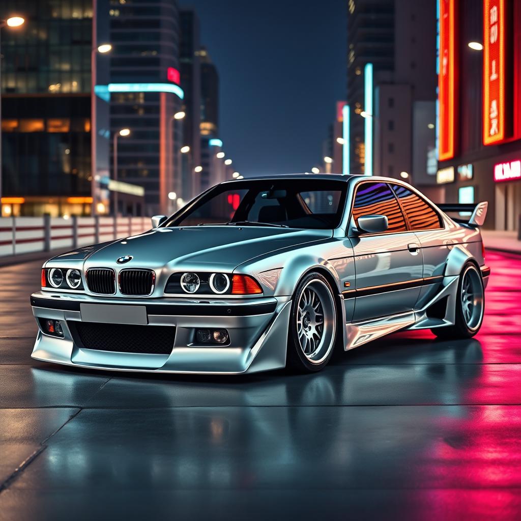 A BMW E38 car modified with a futuristic body kit, exhibiting sleek lines and advanced aerodynamic features