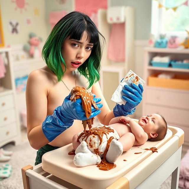 Billie Eilish, a young singer with distinctive green and black hair, is depicted in a humorous and slightly exaggerated scene where she is wearing shiny blue vinyl gloves while changing a baby's poopy nappy on a changing table