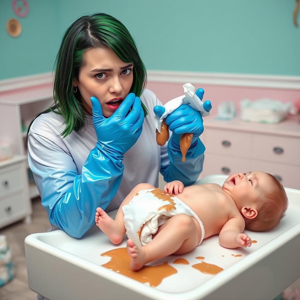 Billie Eilish, a young singer with distinctive green and black hair, is depicted in a humorous and slightly exaggerated scene where she is wearing shiny blue vinyl gloves while changing a baby's poopy nappy on a changing table