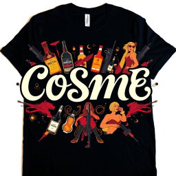 A stylish and edgy t-shirt design featuring the word 'COSME' in elegant, flowing cursive letters