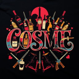 A stylish and edgy t-shirt design featuring the word 'COSME' in elegant, flowing cursive letters