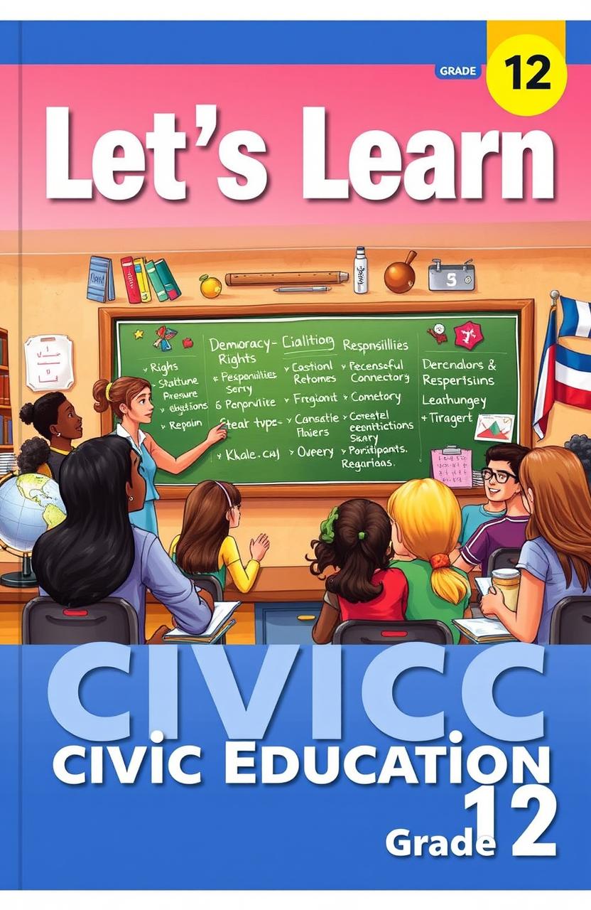 A visually engaging book cover for 'Let's Learn: Civic Education Grade 12', featuring a vibrant classroom scene with diverse high school students actively participating in civic activities