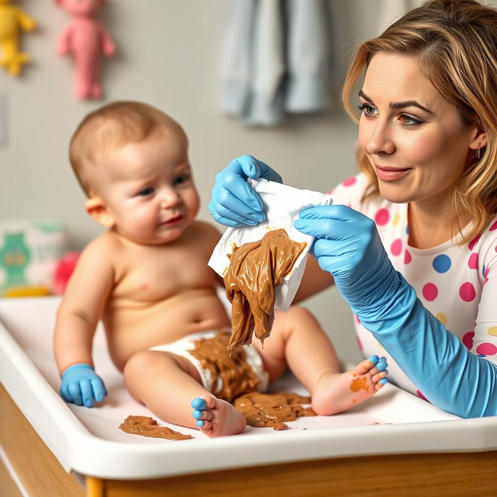 Sabrina Carpenter, wearing stylish blue vinyl gloves, is changing a baby's very poopy diaper on a changing table