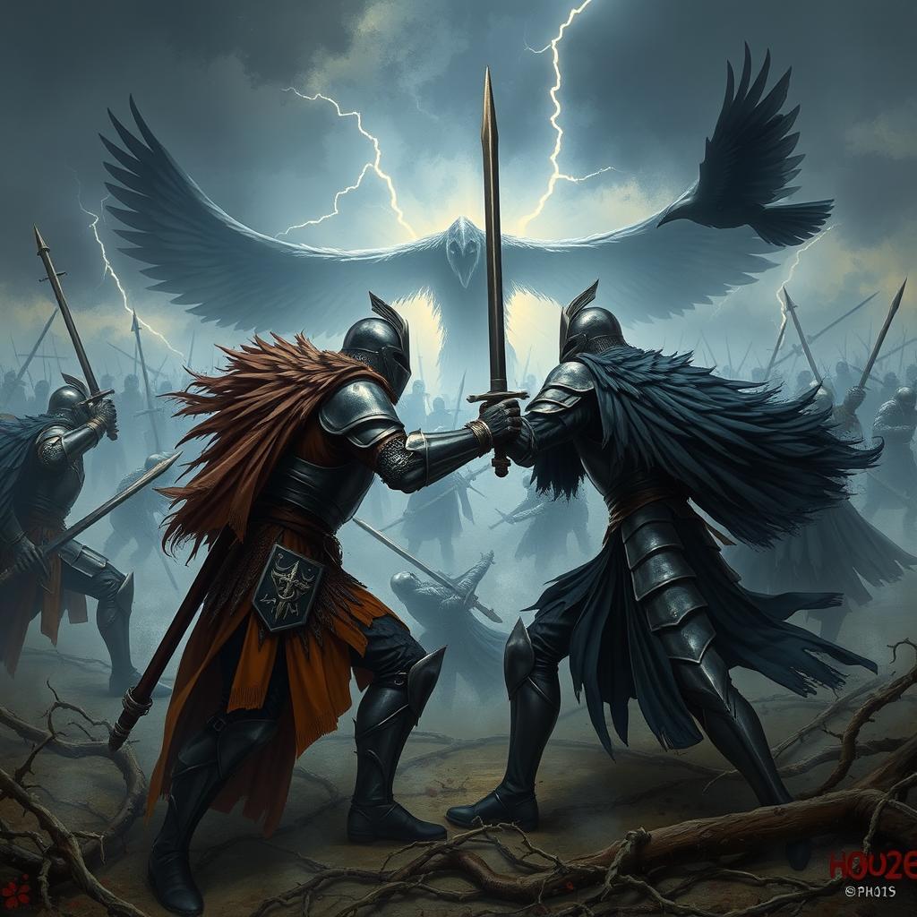 An epic fantasy illustration depicting the war between two fierce houses, House Thorn and House Crowe