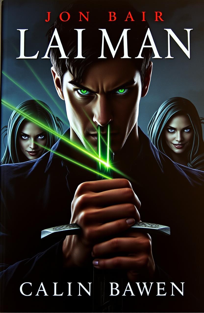 A dramatic book cover featuring a male main character at the forefront, his face partially obscured by shadows, enhancing the mysterious atmosphere