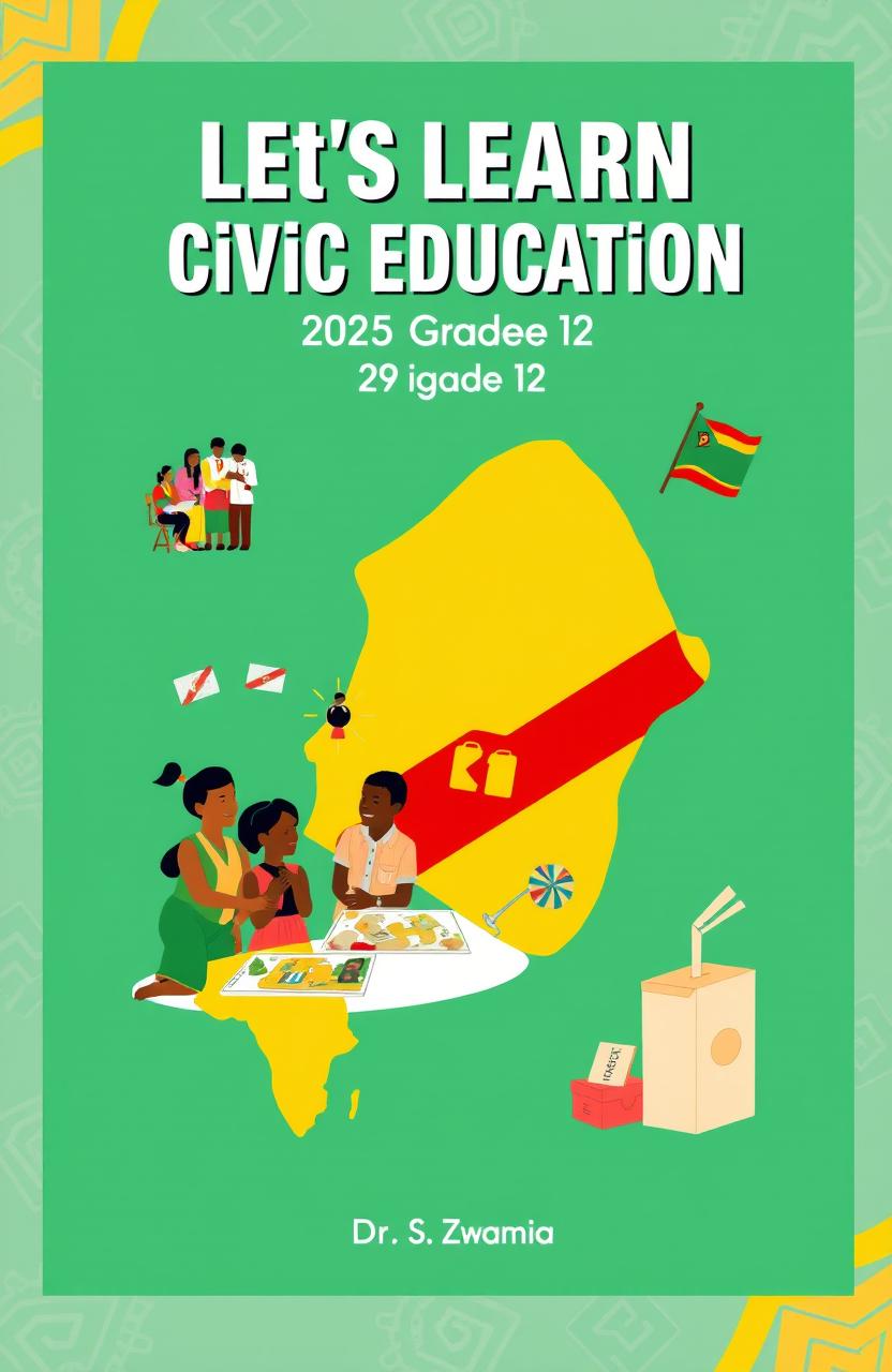 An educational cover design for a high school textbook titled "Let's Learn: Civic Education | 2025 Grade 12" written by Dr