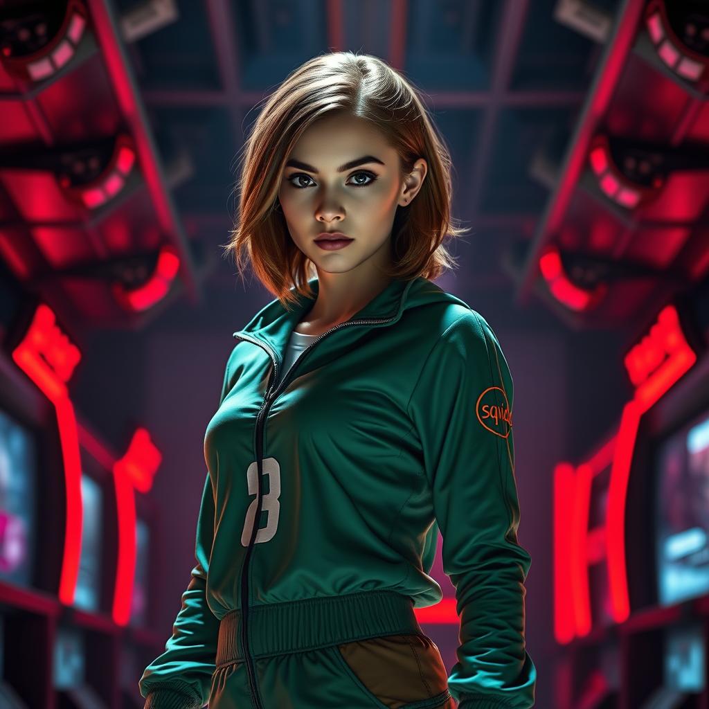 A young adult female in a stylish, modern outfit resembling a Squid Game player outfit, featuring a distinctive green tracksuit with a number on the back, standing confidently with a determined expression