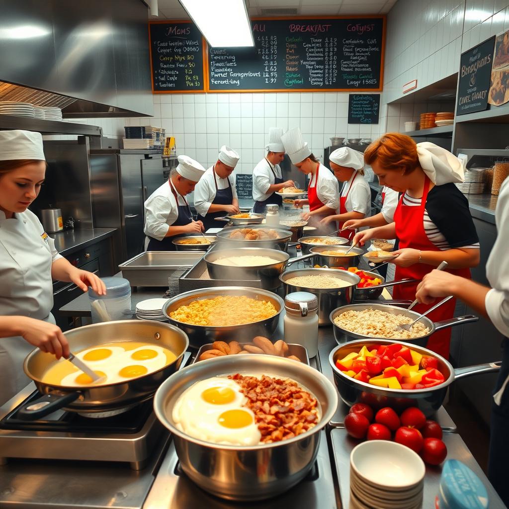 A bustling breakfast restaurant kitchen scene filled with chefs and staff preparing various breakfast dishes