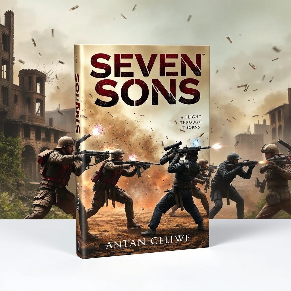 A dramatic book cover for "Seven Sons: A Flight Through Thorns" featuring an intense gunfight between two rival factions, House Thorn and House Crowe