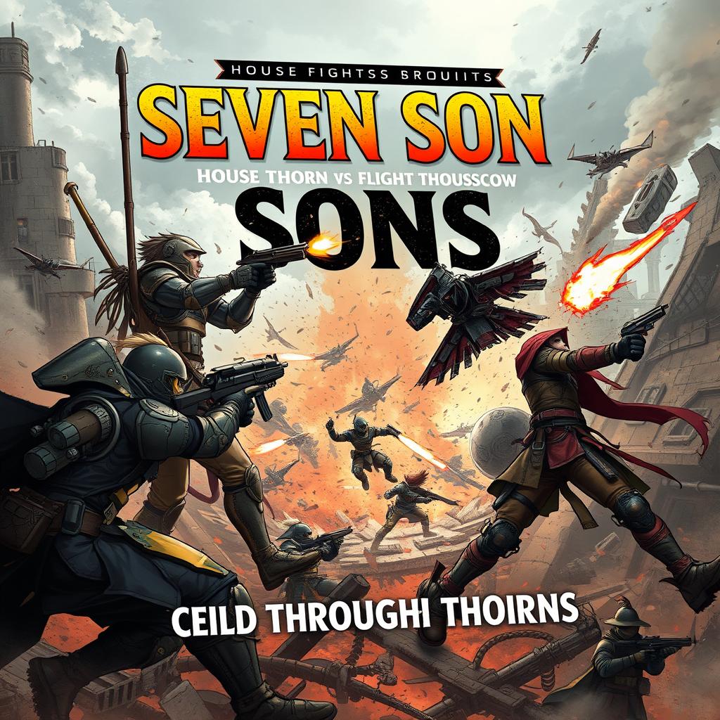 A gripping book cover illustration for 'Seven Sons: A Flight Through Thorns', depicting an intense gunfight between two rival factions, House Thorn and House Crowe, in a dystopian world