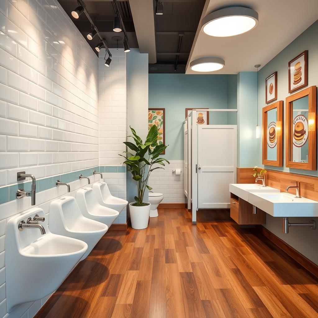 A beautifully designed breakfast restaurant restroom area, showcasing both male and female sections