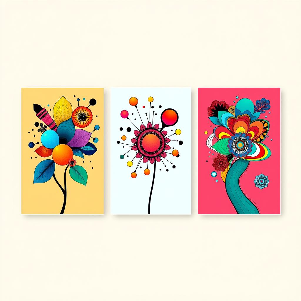 A triptych image showcasing three vibrant and artistic illustrations side by side in a table format