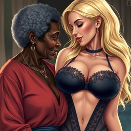 A realistic illustration depicting an older African woman with distinct features, engaged in a moment of intimacy