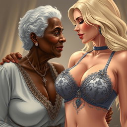 A realistic illustration depicting an older African woman with distinct features, engaged in a moment of intimacy
