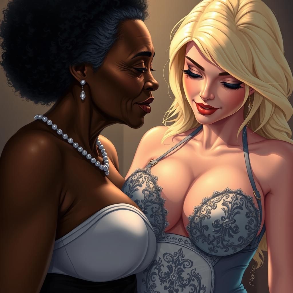 A realistic illustration depicting an older African woman with distinct features, engaged in a moment of intimacy
