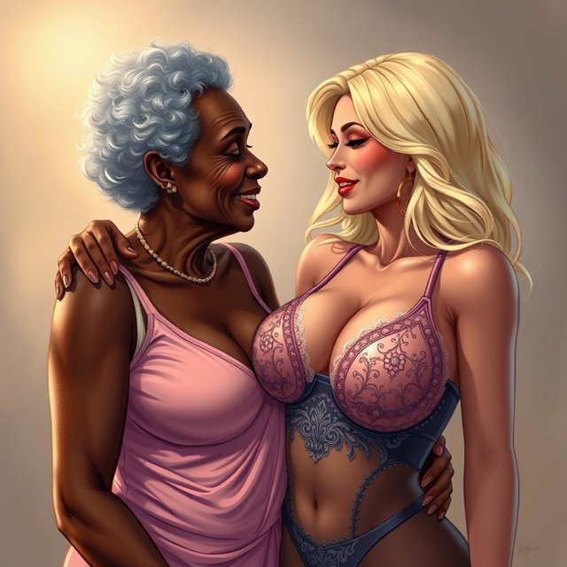 A realistic illustration depicting an older African woman with distinct features, engaging in an intimate moment with a stunning blonde woman, who has extraordinarily large breasts prominently displayed in a revealing outfit that accentuates her deep cleavage, supported by an elaborate bra