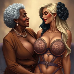 A realistic illustration depicting an older African woman with distinct features, engaging in an intimate moment with a stunning blonde woman, who has extraordinarily large breasts prominently displayed in a revealing outfit that accentuates her deep cleavage, supported by an elaborate bra