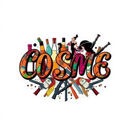 A striking t-shirt design featuring the word 'COSME' in elegant, flowing cursive letters