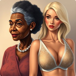 A realistic illustration depicting an older African woman with distinctive features, showcasing her age gracefully