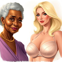 A realistic illustration depicting an older African woman with distinctive features, showcasing her age gracefully
